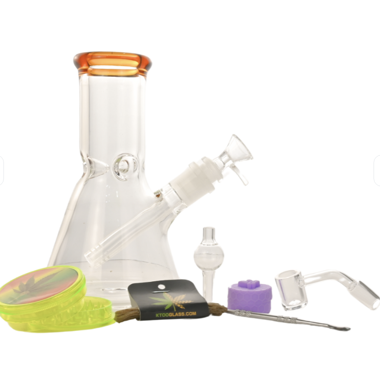 8" Colored Rim Glass Bong 9-in-1 Dab Kit - Amber