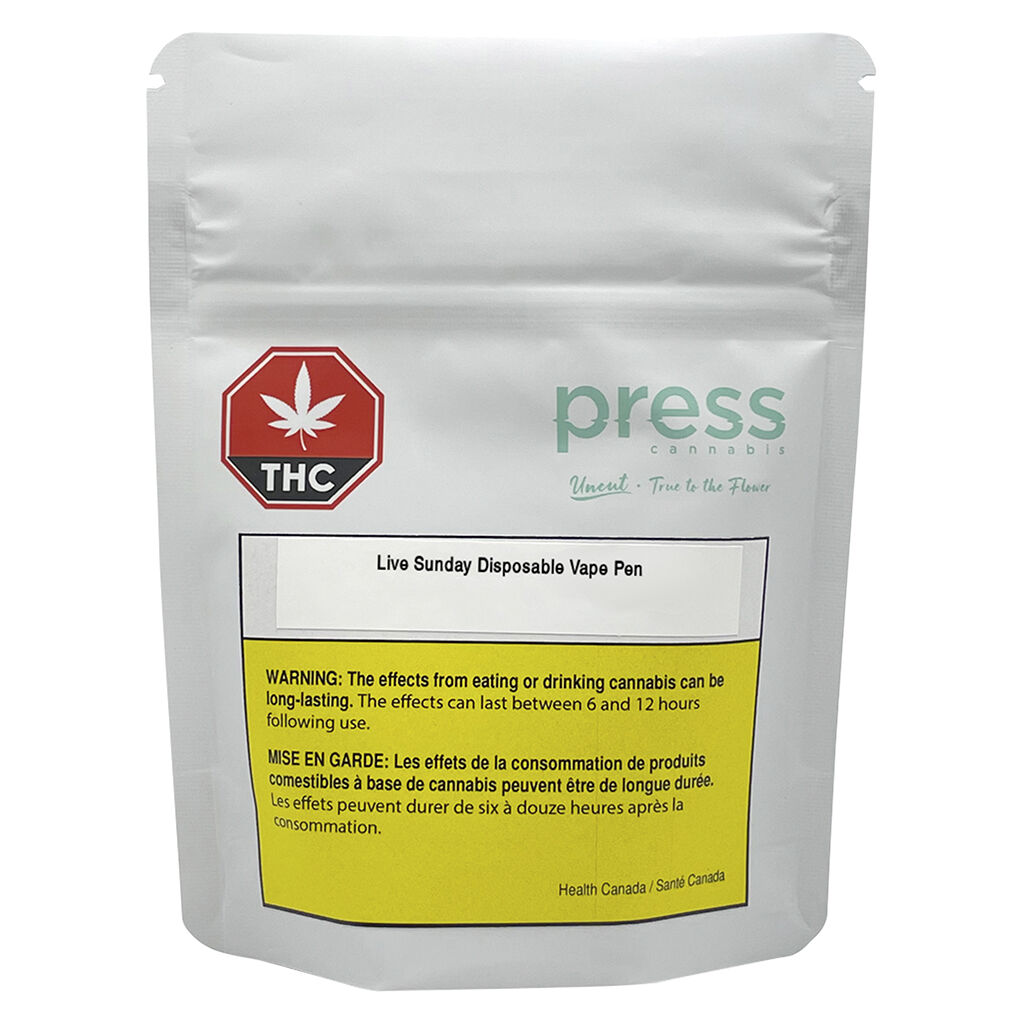 Press Cannabis - Live Sunday Disposable Vape Pen (Live Resin + Live Rosin) - Indica - 1g