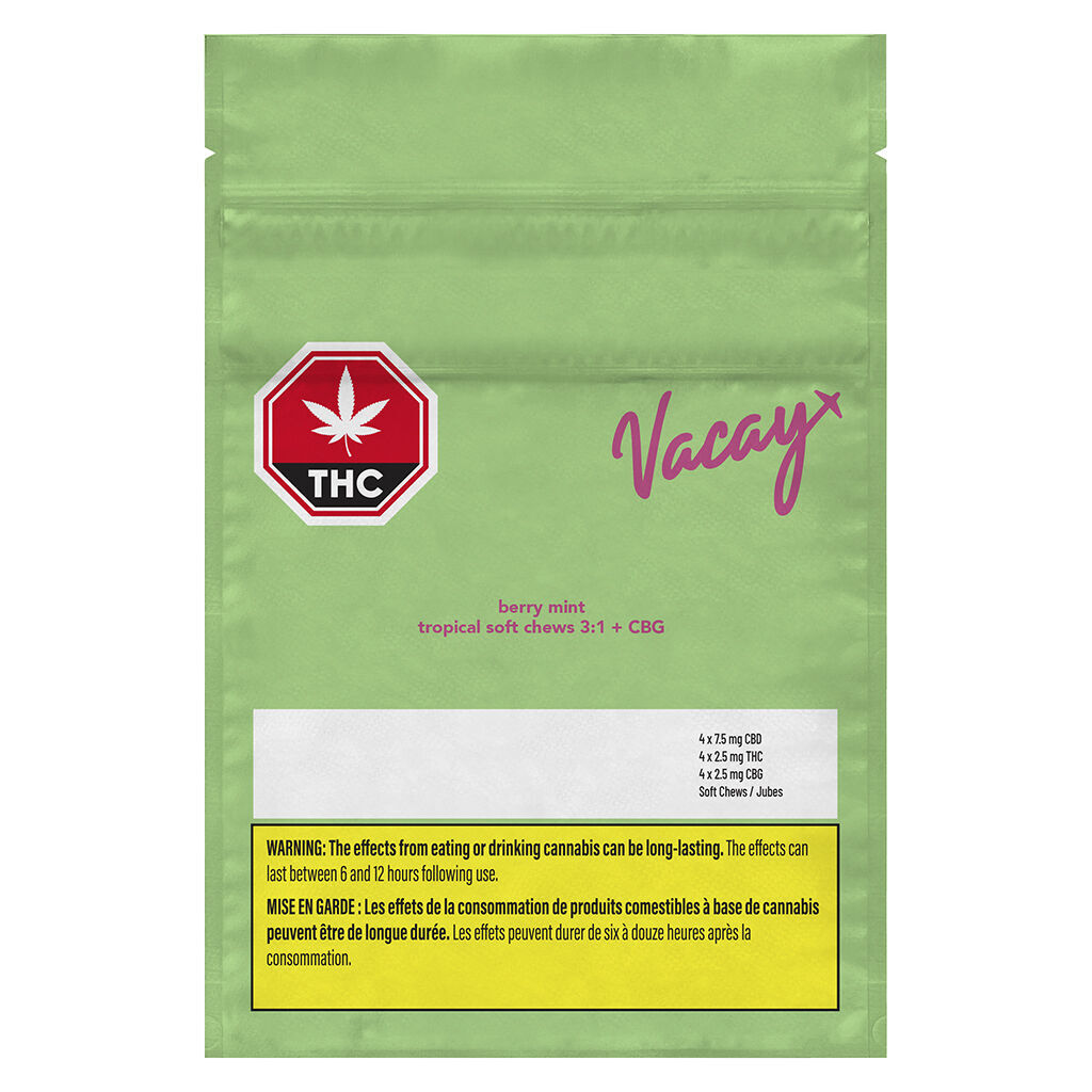 Vacay - Berry Mint Tropical Soft Chews 3:1 + CBG - Blend - 4 Pack