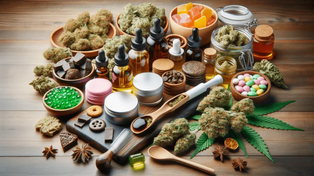 Assorted Cannabis Products Including Flowers, Edibles, Oils, and Topicals