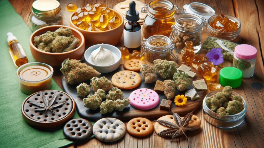 Assorted cannabis products including flowers, edibles, and oils