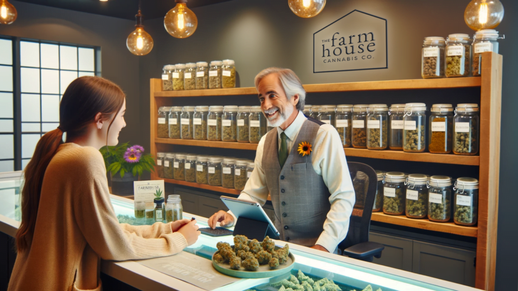 A welcoming and informative customer consultation at The Farmhouse dispensary in Burlington, highlighting a variety of cannabis strains