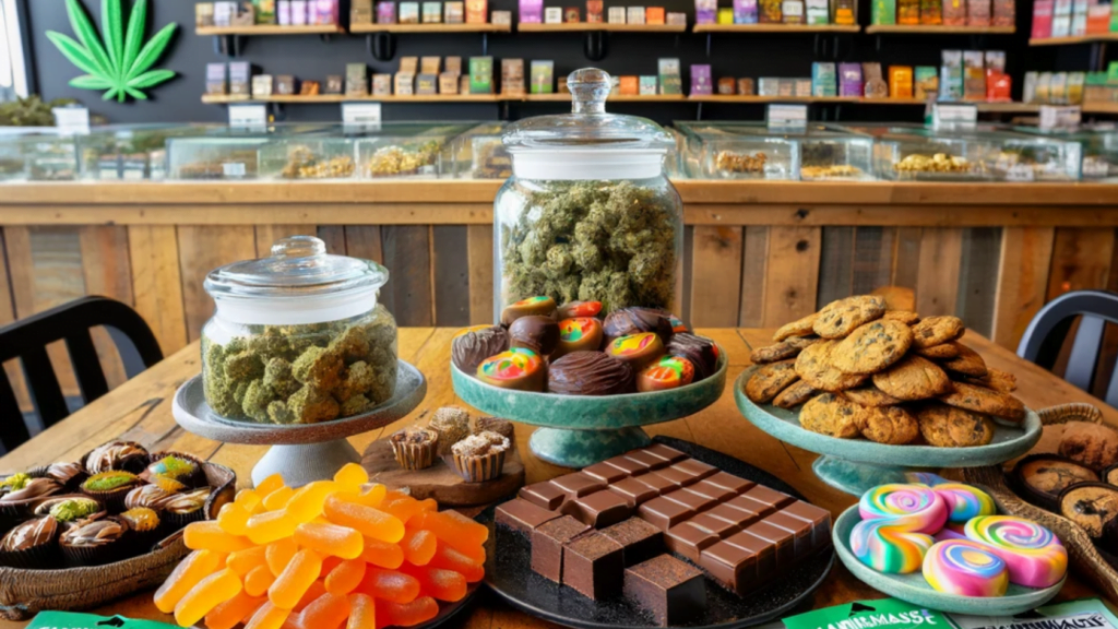 Assorted cannabis edibles at The Farmhouse dispensary, featuring gummies, chocolates, and cookies