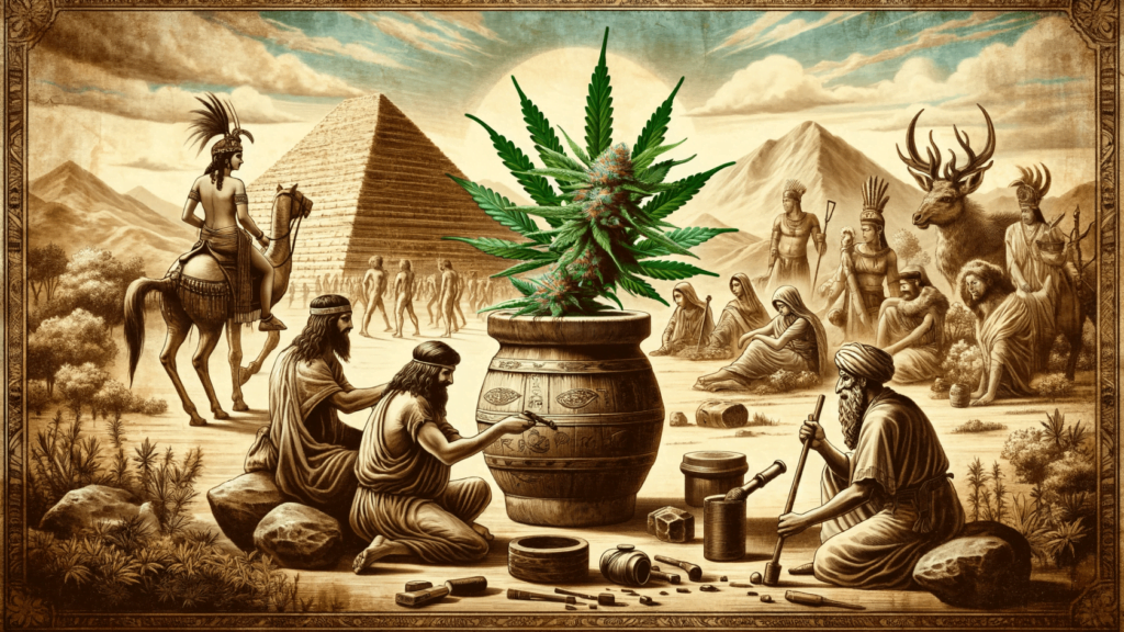 Vintage illustration depicting ancient cannabis use, highlighting its historical and cultural journey across civilizations