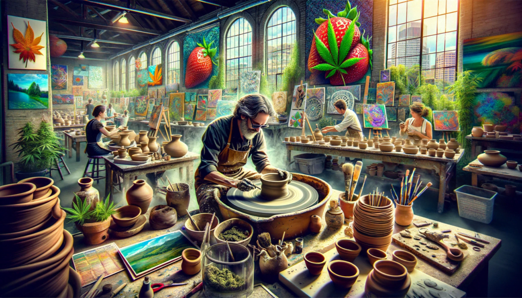 Artistic Creation with Cannabis_ Create a wide HD image depicting an artist at a pottery workshop in Burlington, inspired by the Strawberry Cough cann