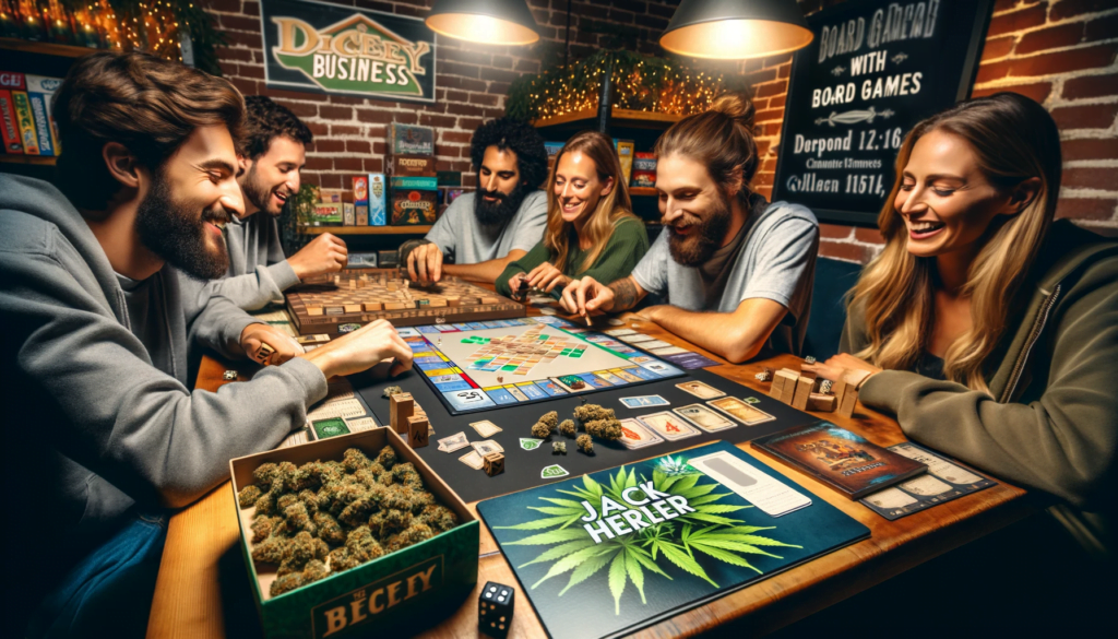Board Game Night with Cannabis_ Create a wide HD image depicting a lively group of friends gathered around a table at Dicey Business in Burlington