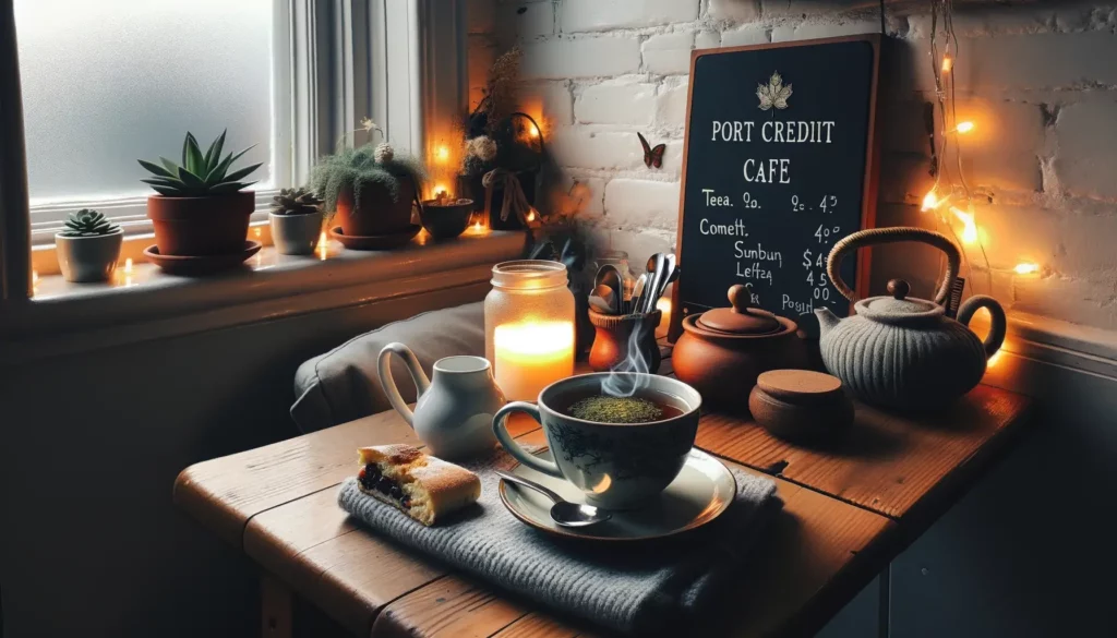 Cozy cafe corner in Port Credit with herbal tea and comfort food for relaxation