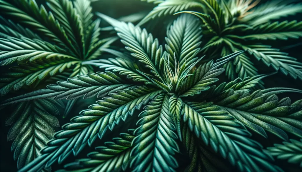 A detailed macro shot of vibrant cannabis leaves showcasing the intricate textures and natural green hues, highlighting the plant's beauty and complex