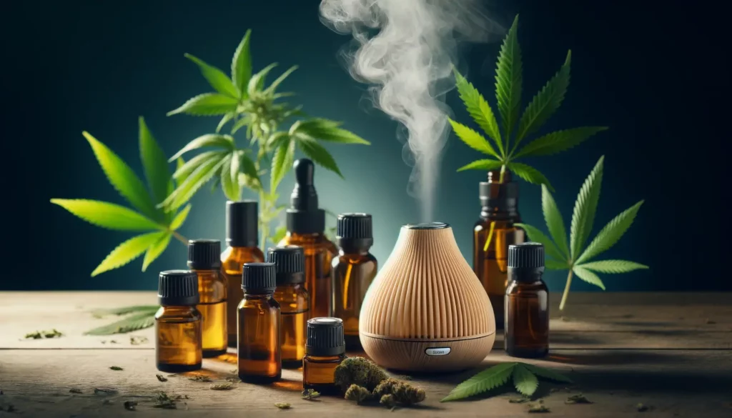 A set of small essential oil bottles with a diffuser releasing vapor, representing the terpenes found in cannabis that contribute to its aroma and flavour