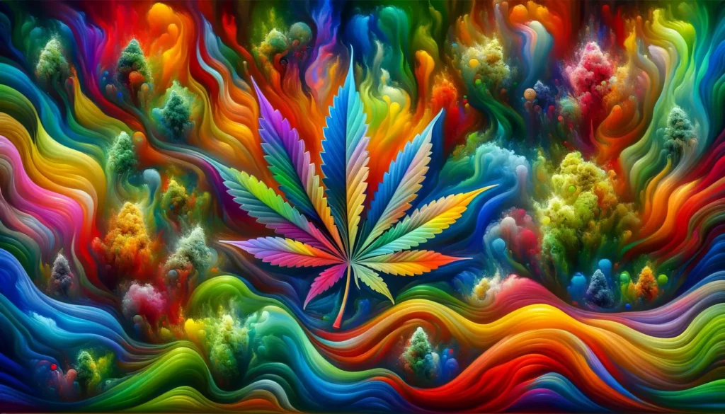 An artistic abstract that uses vibrant colors to represent the diversity of flavonoids in cannabis, illustrating their impact on the color and appeal