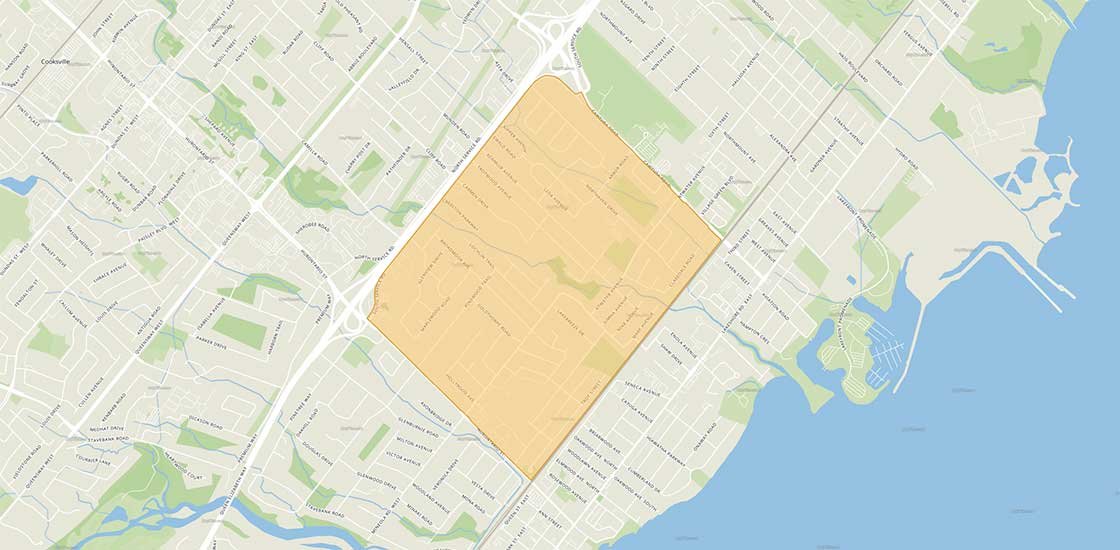 map of Mineola East mississauga near The Farmhouse Cannabis dispensary in Port Credit.