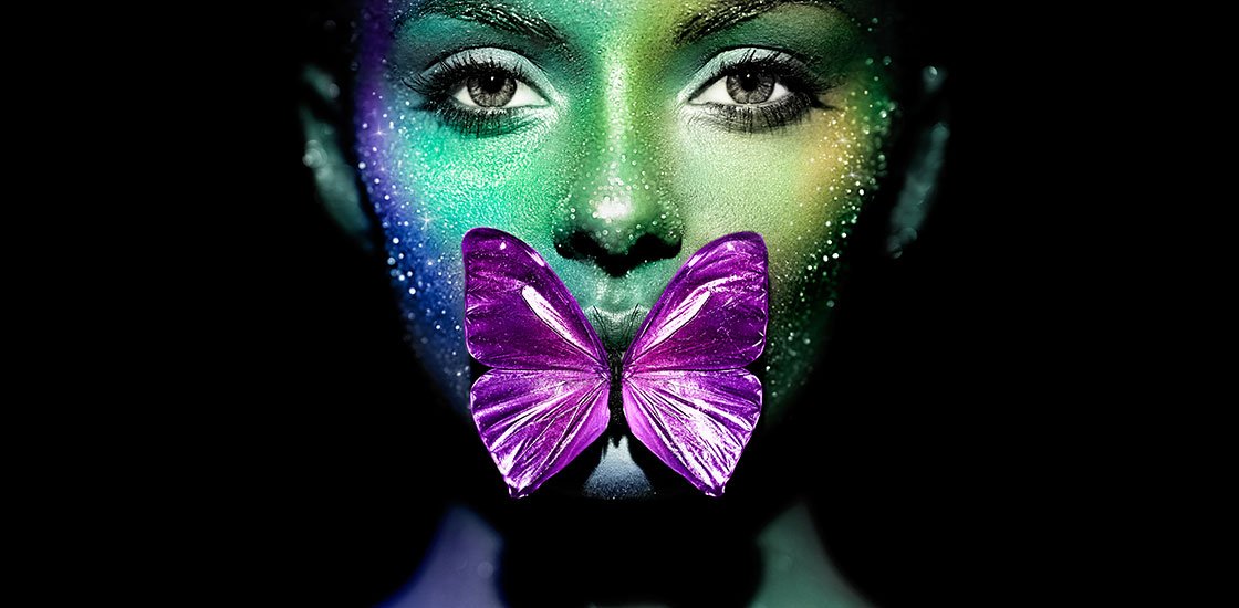 beauty model woman with violet butterfly. cannabis stores in Burlington and Mississauga.