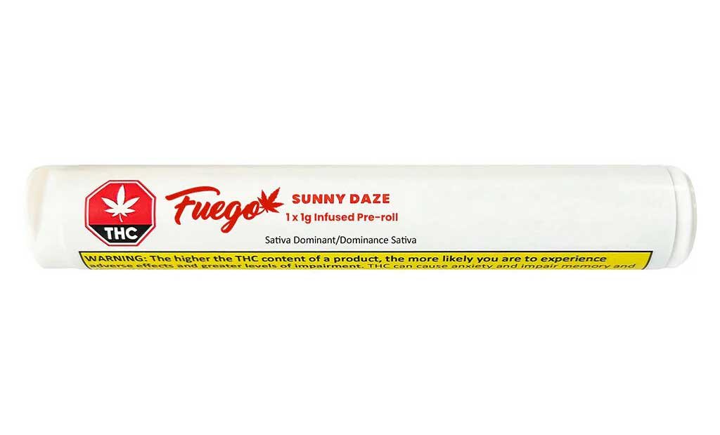 Fuego Sunny Daze Pre Roll in packaging and sold at Farmhouse Cannabis store and weed dispensary in Burlington.