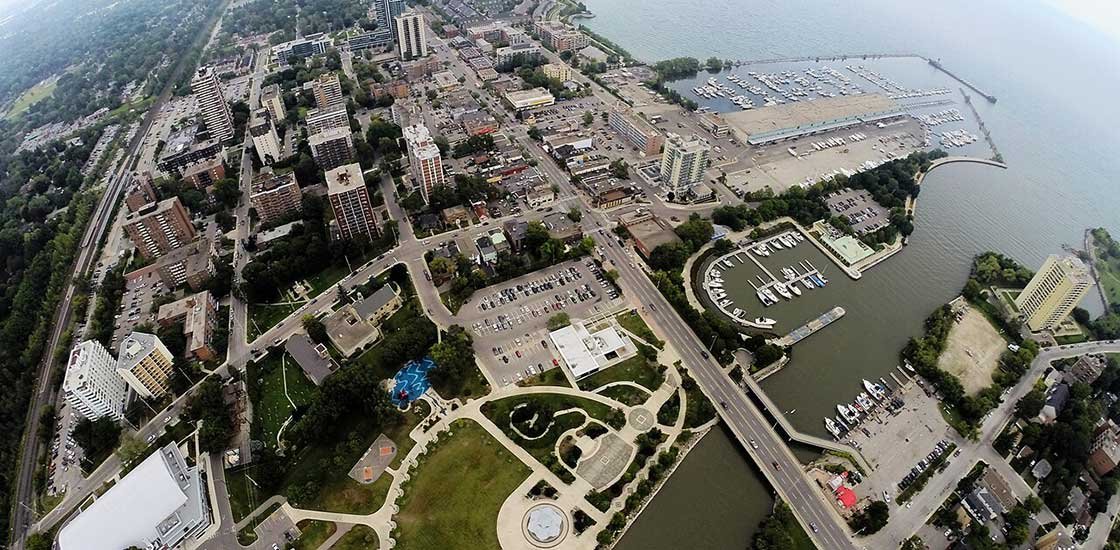 Aerial picture of Port Credit Mississauga, including dispensaries in Port Credit.